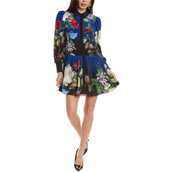 alice + olivia Bertha Blouson long sleeve Shirtdress mini M blue colorful print - Picture 2 of 8